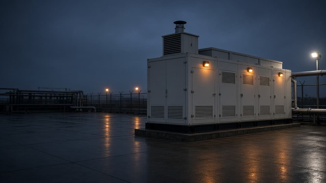 Enclosed gas turbine generator package on a concrete pad in an industrial yard at dusk, lit by amber work lights.