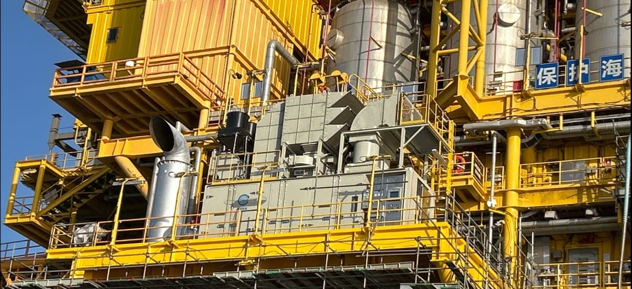 Wide view of an offshore oil and gas platform with QR-GT1800 sets installed