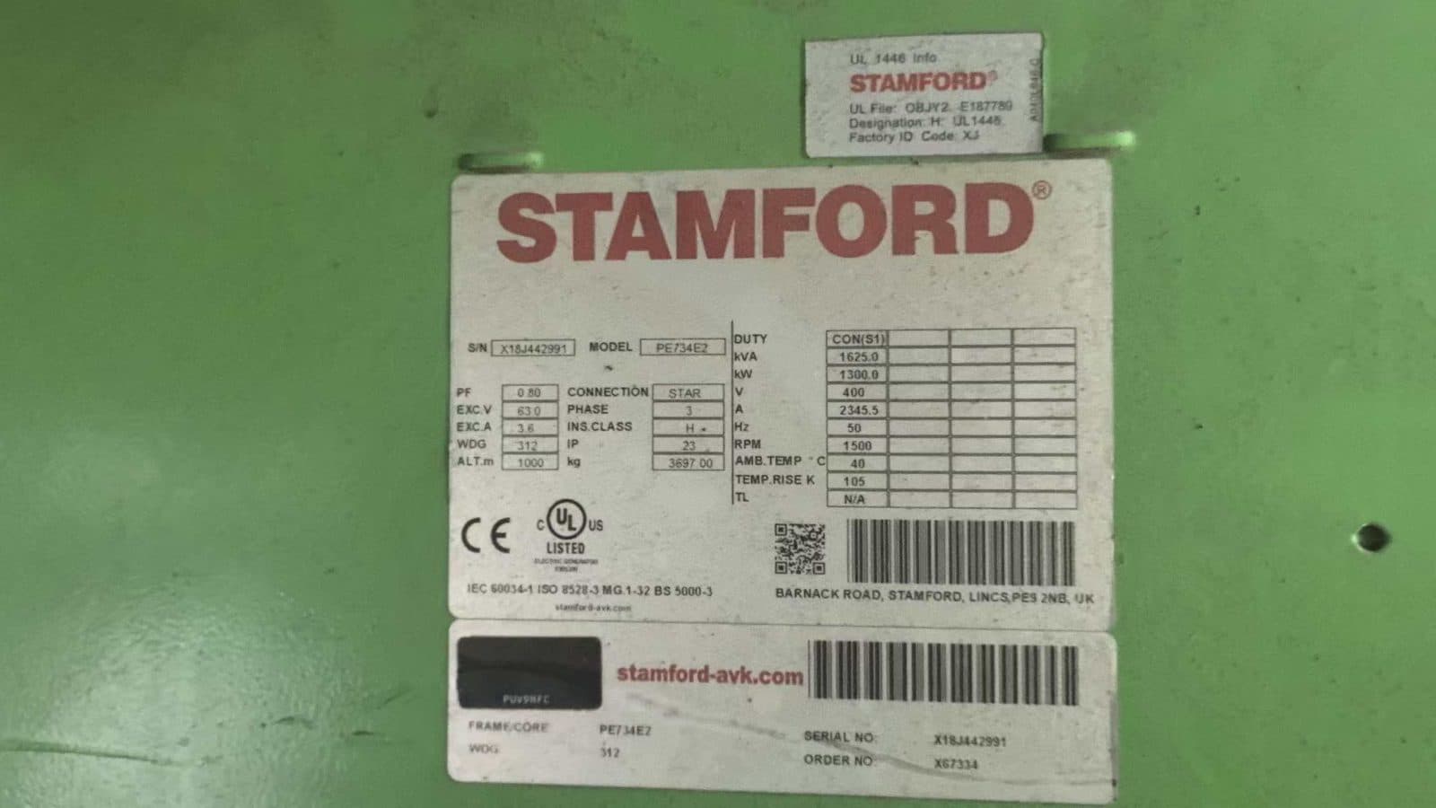 Stamford PE734E2 alternator nameplate