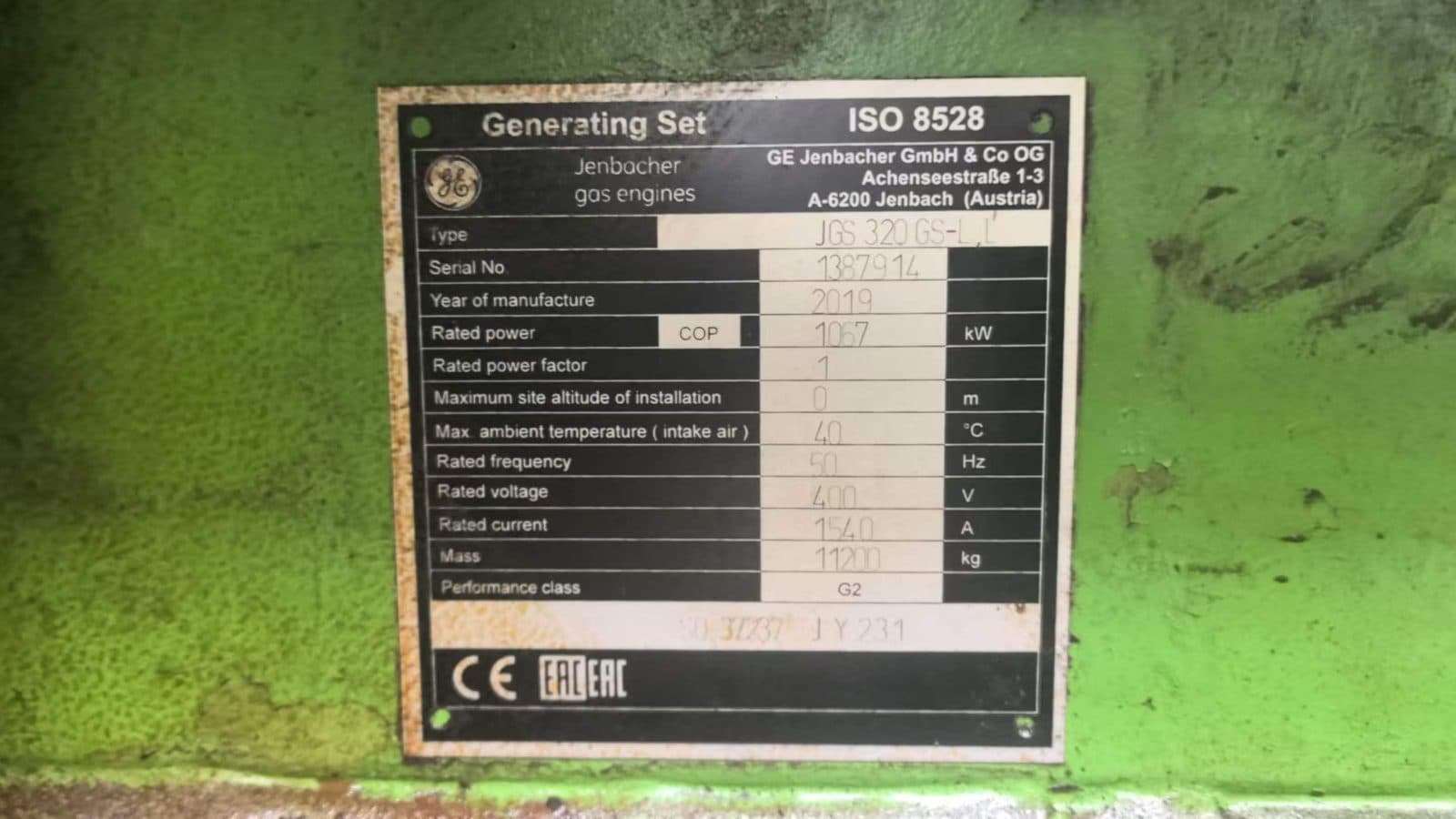 GE Jenbacher generating set nameplate, serial 1387914, year 2019, 1,067 kW, 400 V, 50 Hz