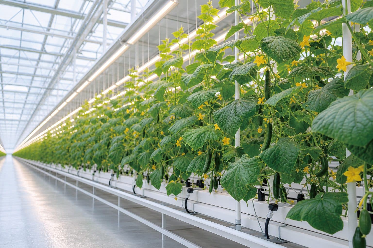 Commercial greenhouse with overhead grow lighting