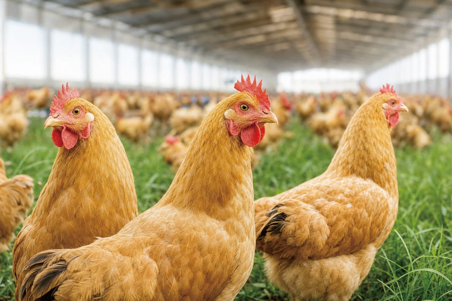Poultry house aisle lit for flock management