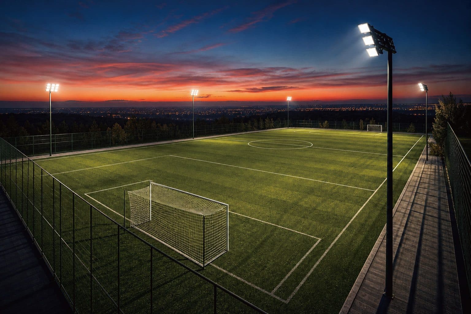 Sports field under high-mast floodlights